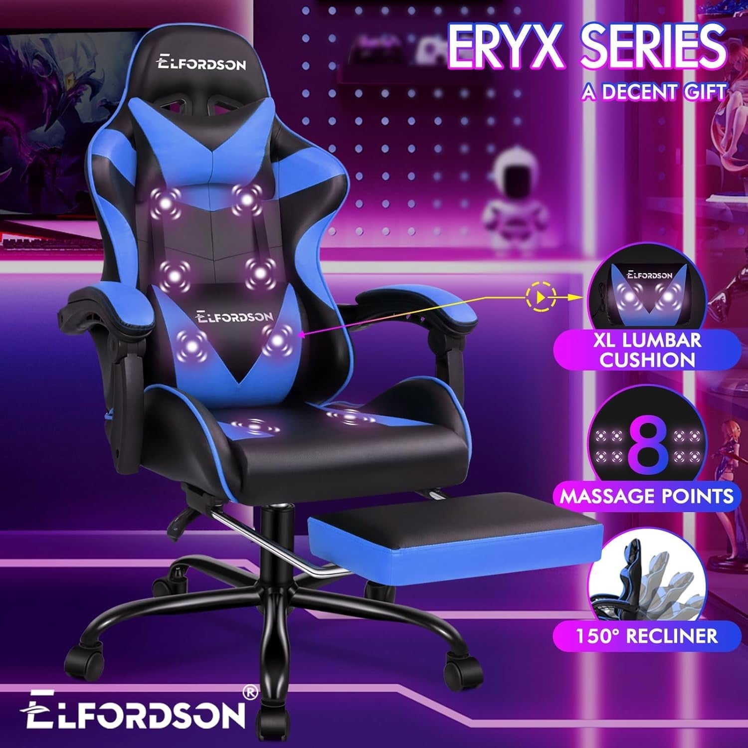 Blue Massage Gaming Chair Recliner w/ Footrest 150° Swivel PU