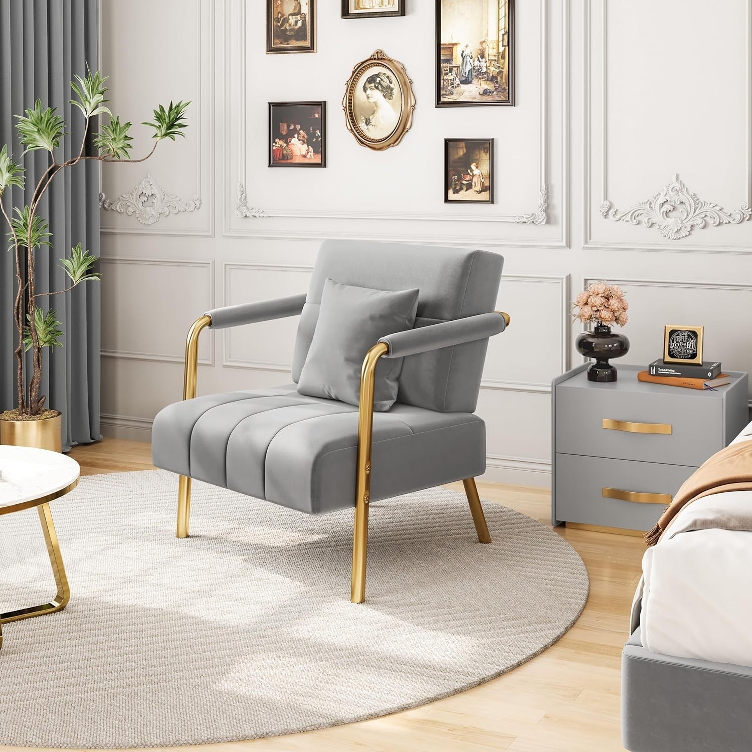 Modern Velvet Accent Armchair – Light Gray Upholstered Lounge Chair with Gold Le