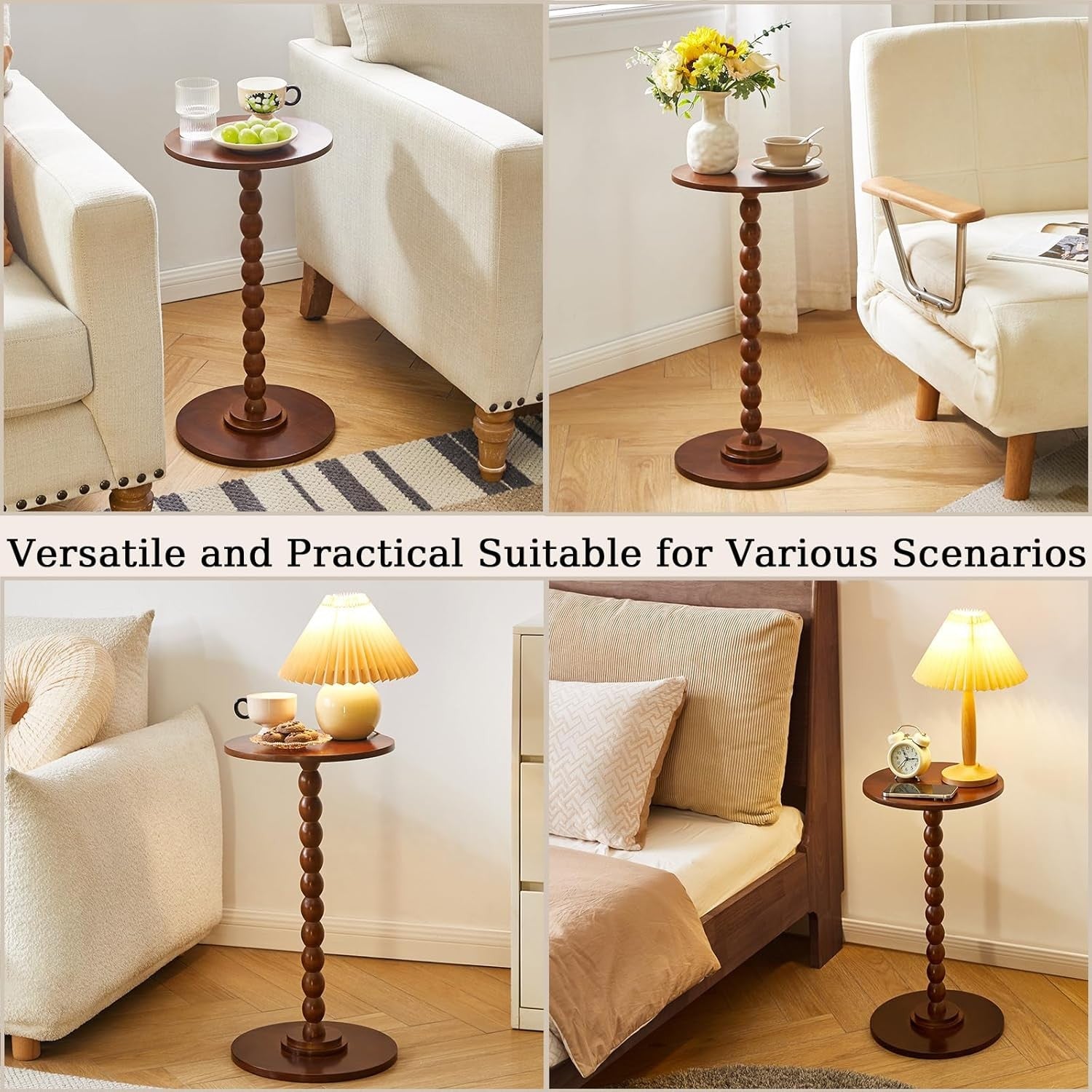 Rustic Brown Round Side Table – Modern Small Accent Table with Solid Wood Base