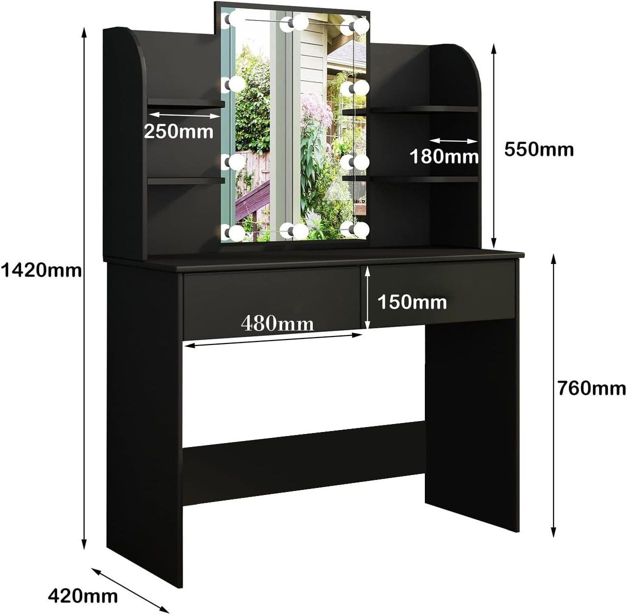 Modern Vanity Desk w/ Lighted Mirror & Charging Station USB Outlet 4 Drawers