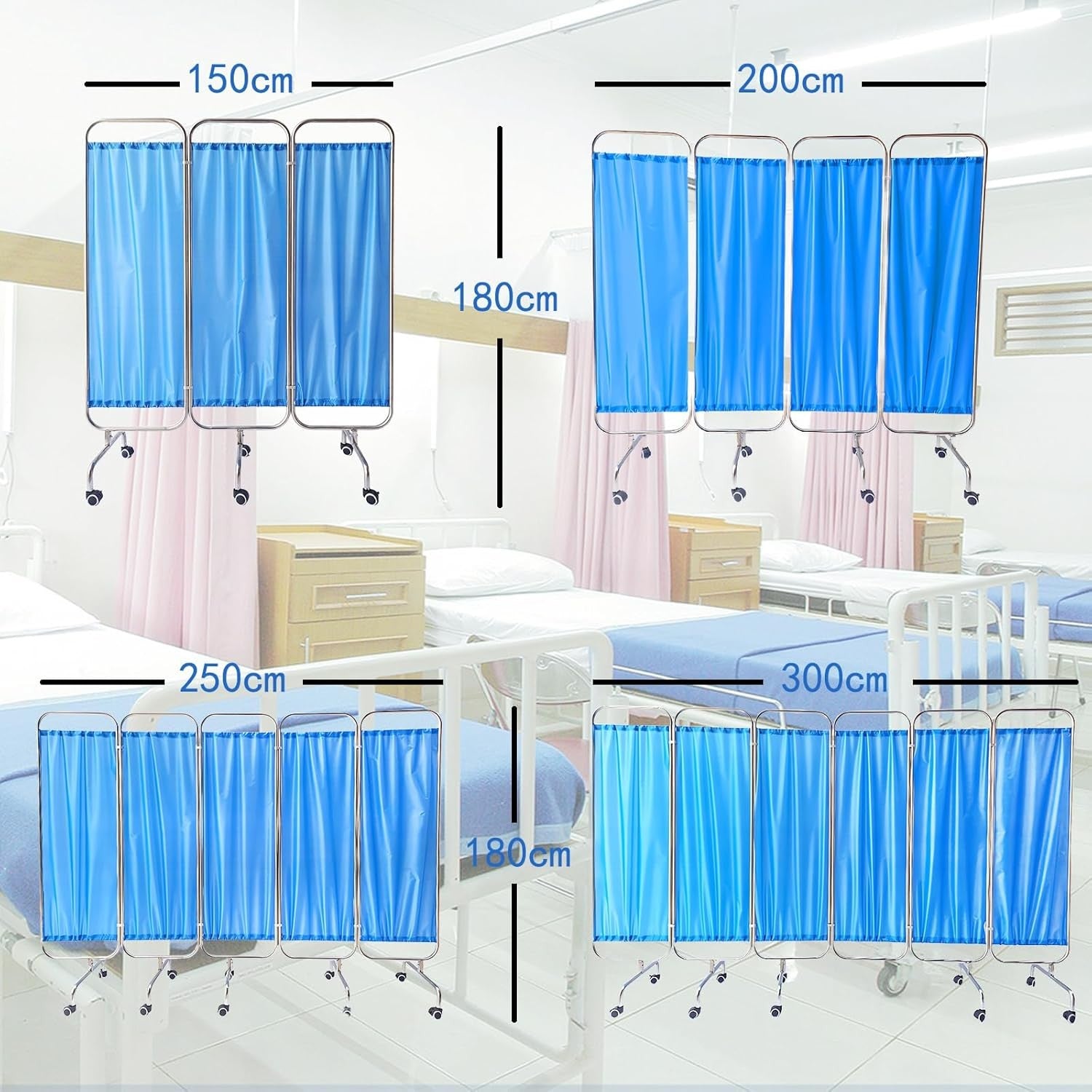 3 Panel Medical Privacy Screen on Wheels Stainless Steel Folding Hospital Divide