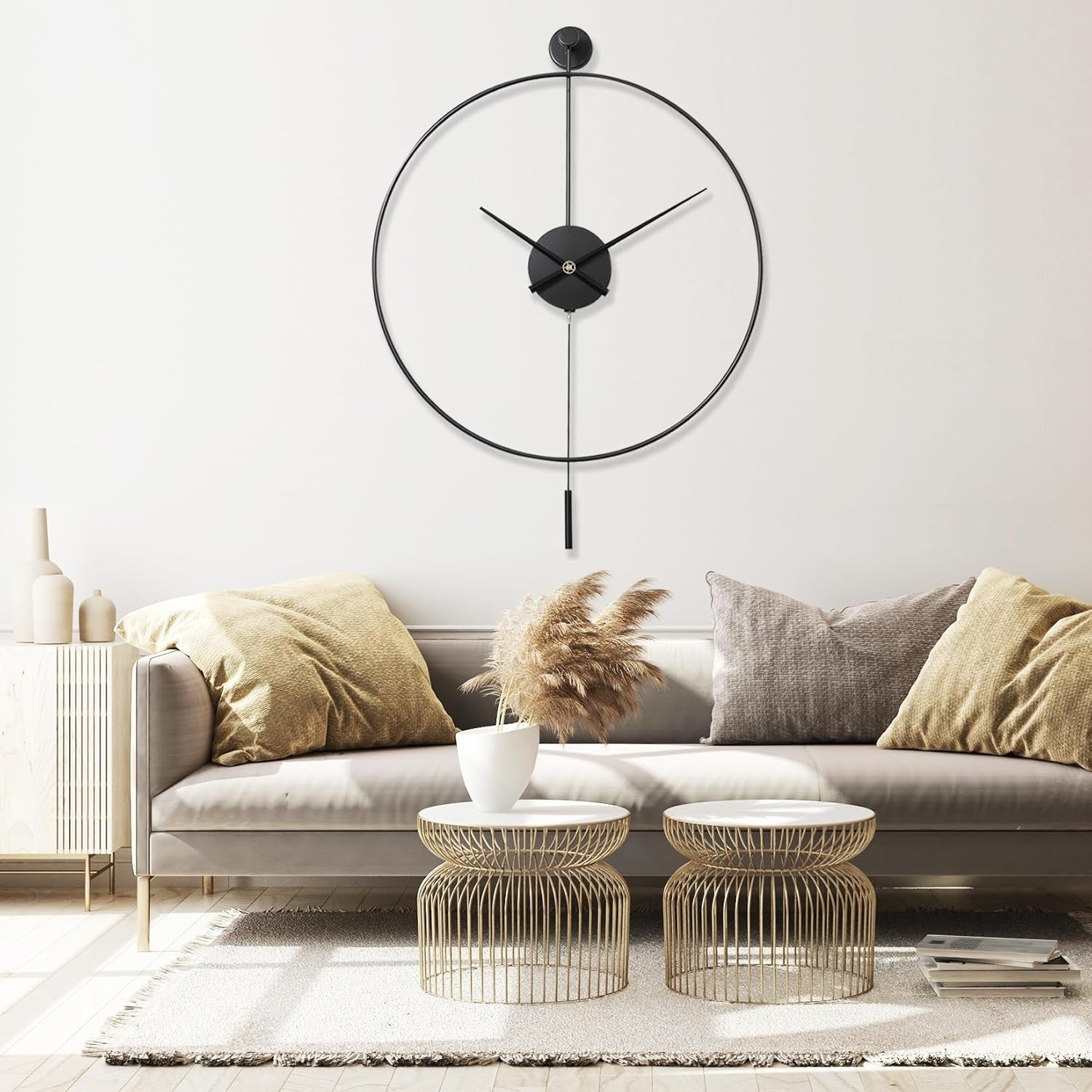 Silent Large Wall Clock with Pendulum - Modern Non-Ticking Metal Decor 24"