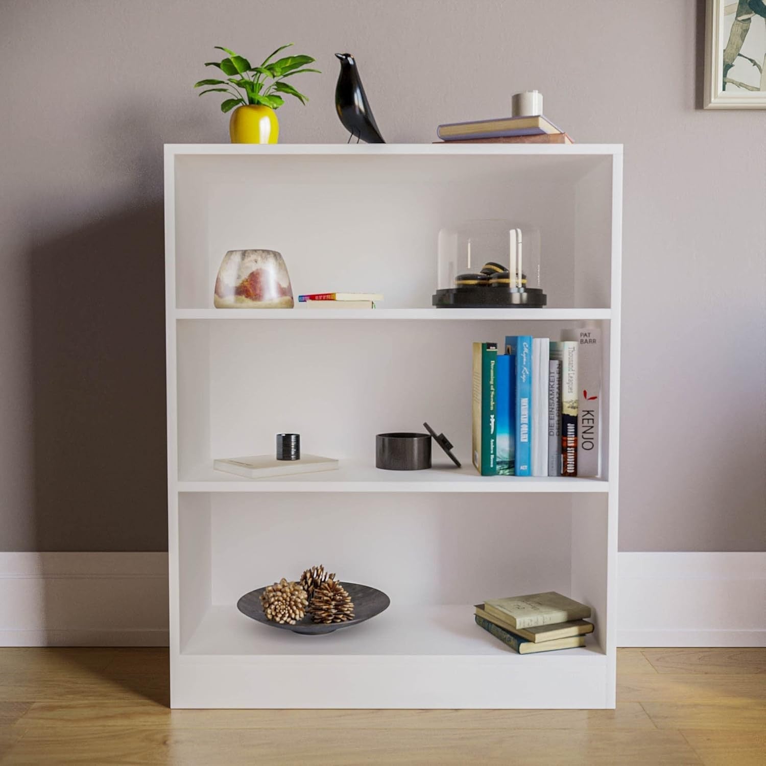 3 Tier White Wooden Bookcase Modern Storage Display Shelf for Living Room Low
