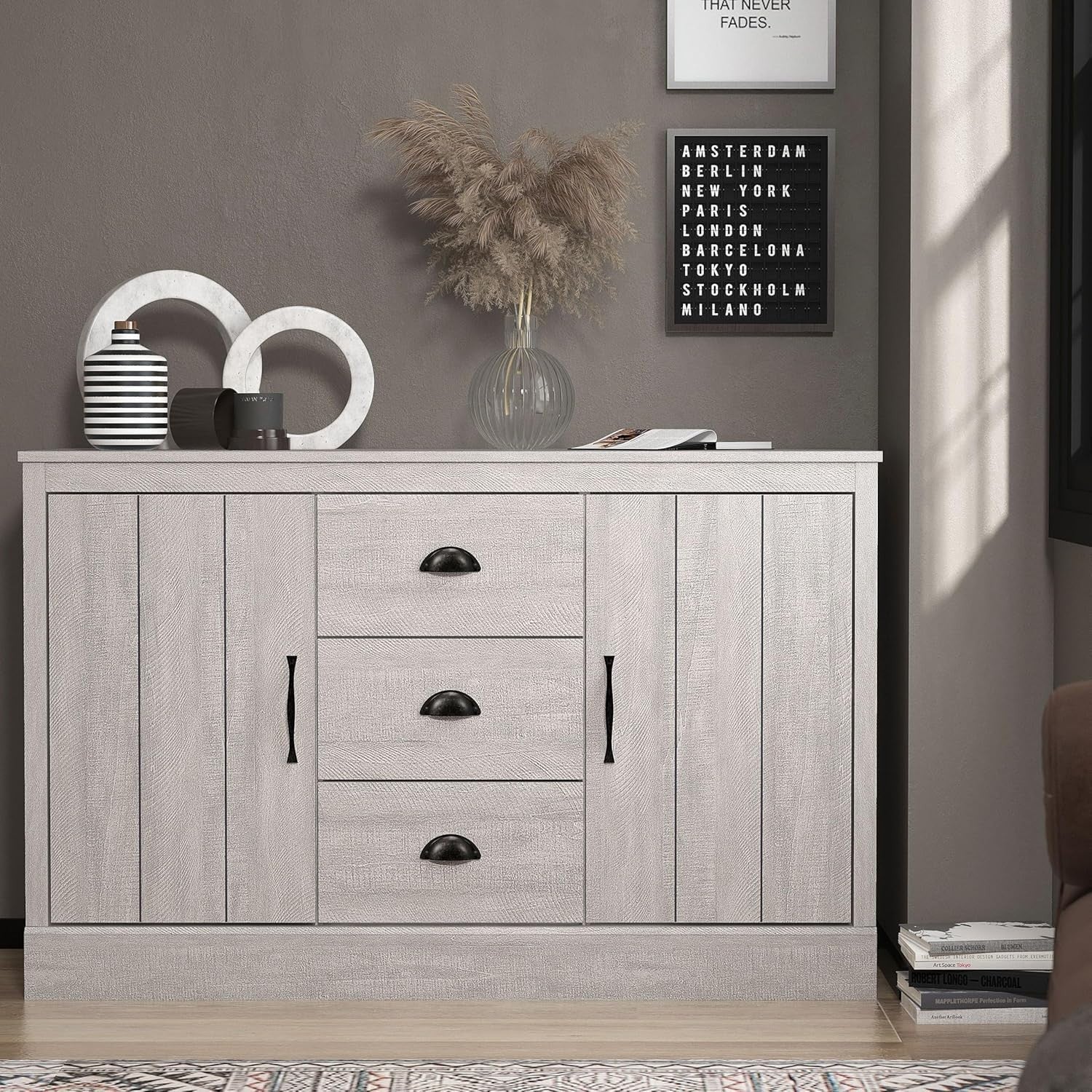Rustic Storage Sideboard Cabinet 2 Doors 3 Drawers Adjustable Shelves