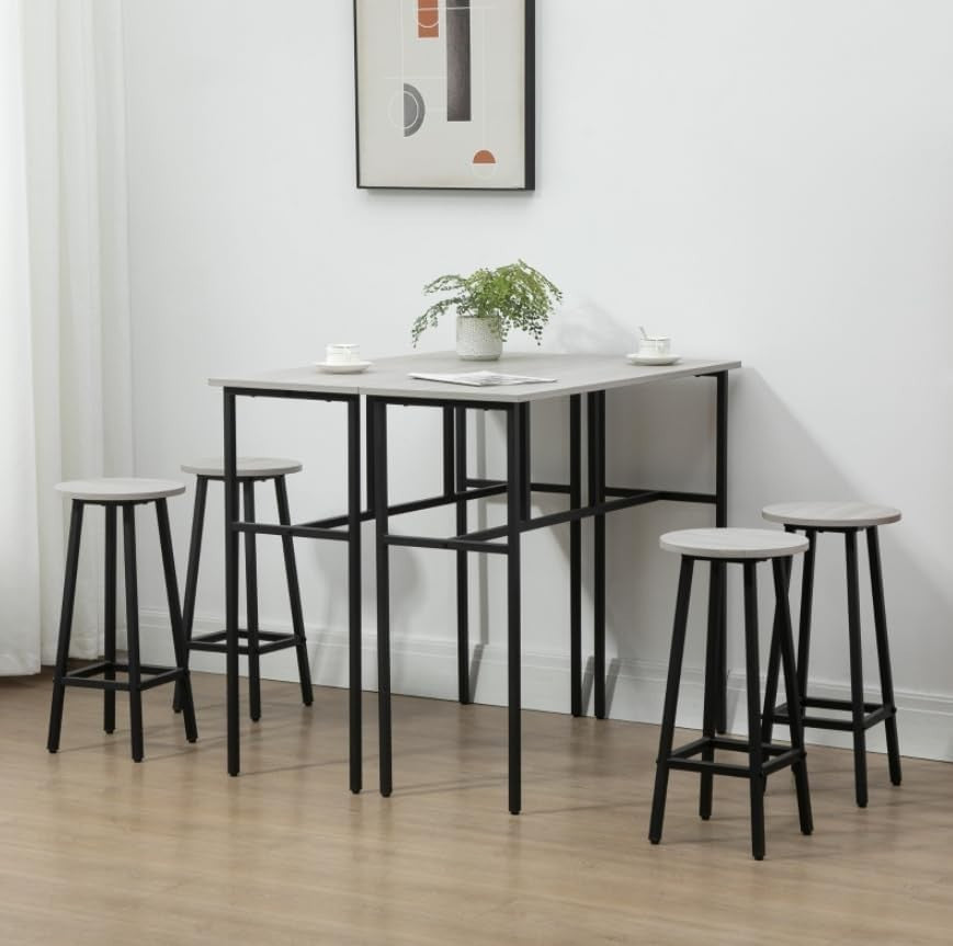 Grey Space-Saving Breakfast Bar Table Set 4 Stools, Rustic Metal Dining Counter