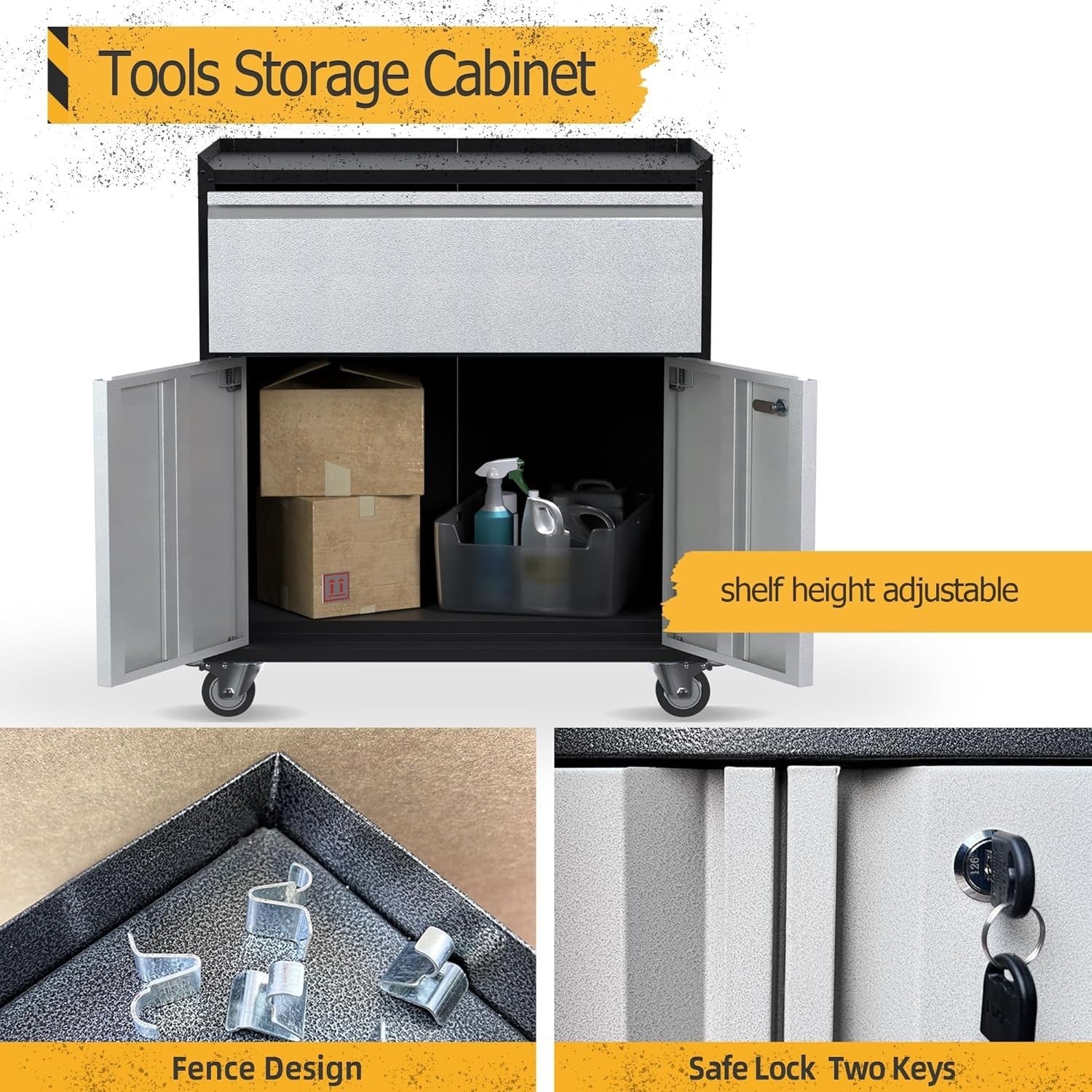 Mobile Metal Storage Cabinet with Lockable Doors, Drawer & Wheels