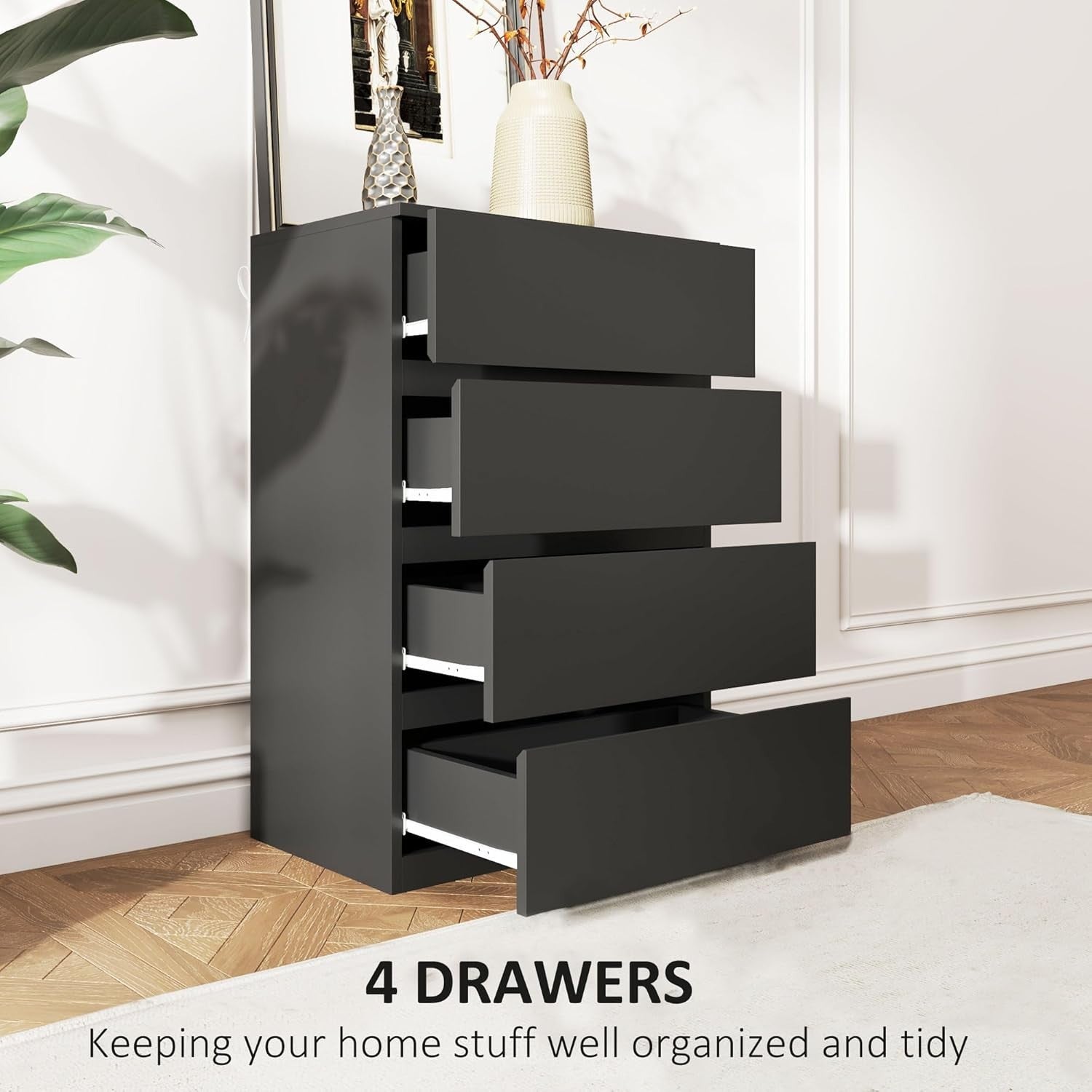 Black 4 Drawer Chest Bedroom Storage Cabinet Modern Tall Unit 80cm