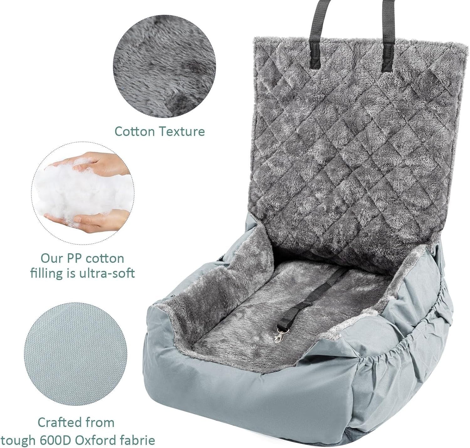 Pet Car Booster Seat Plush Dog Travel Bed Safety Leash Non Slip Grey