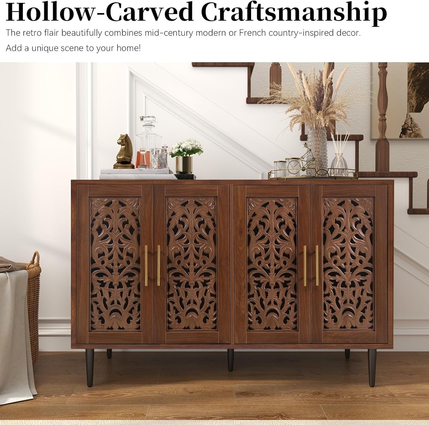 Vintage Brown Sideboard Cabinet 4 Doors Hollow Carved Storage Buffet