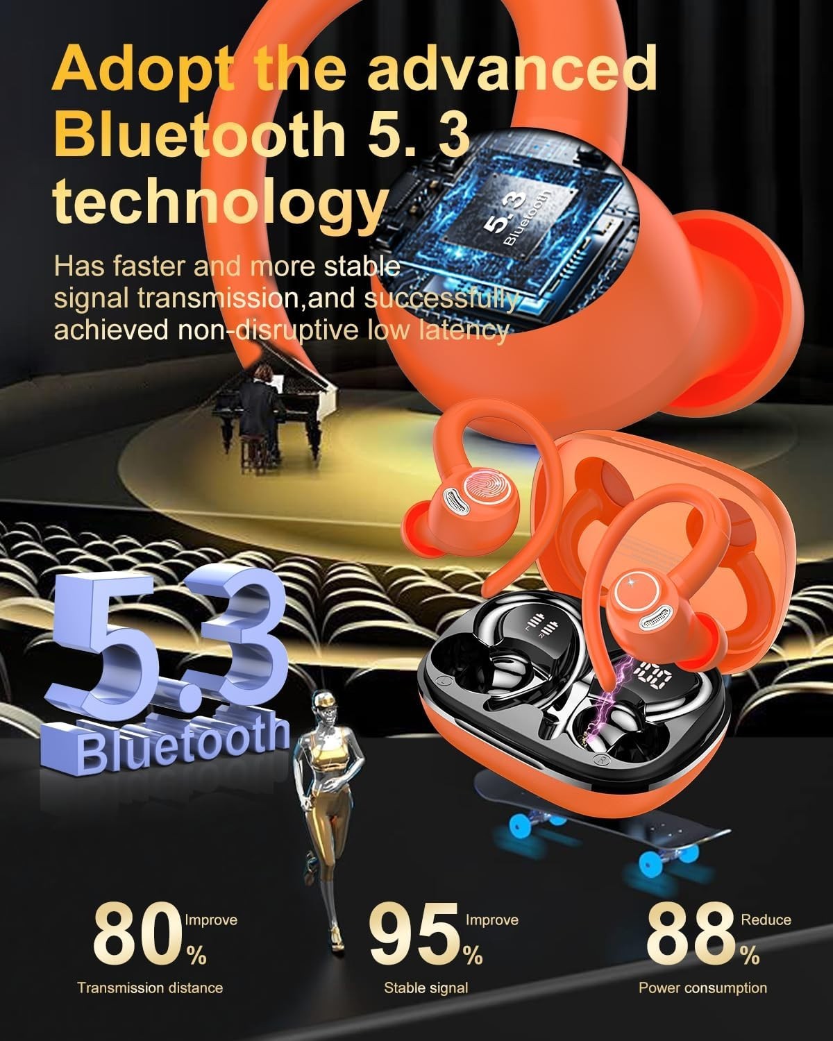 Orange Bluetooth 5.3 Earbuds 40H Playtime ENC Mic LED Display IP7