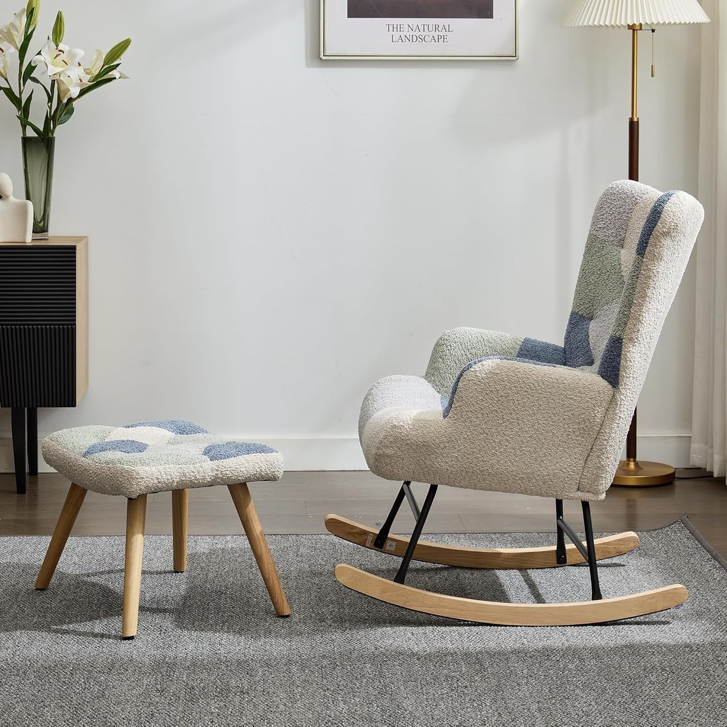Nursery Rocking Chair w/ Footstool, High Back, Soft Foam Seat, Wood Legs