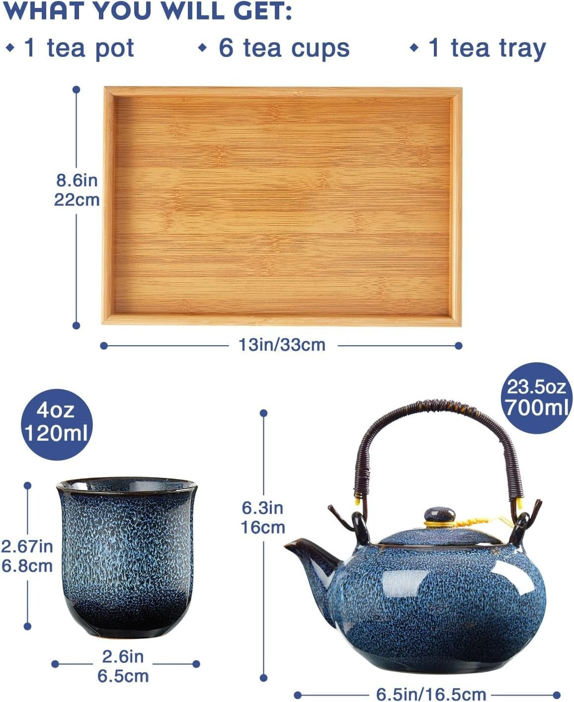 Japanese Porcelain Tea Set for 6 Blue Glaze Teapot Cups Bamboo Tray