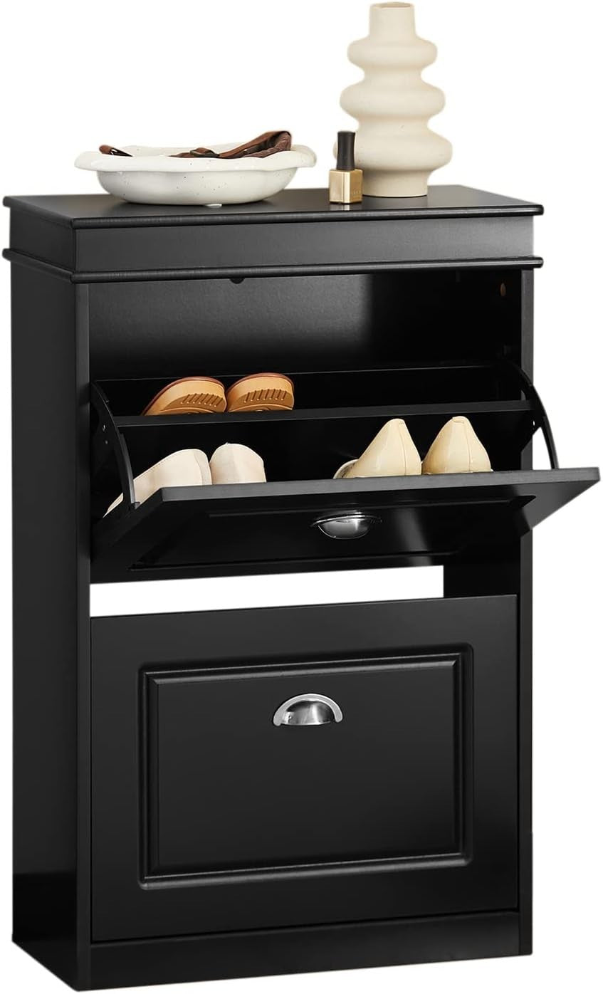 2-Drawer Slim Shoe Cabinet with Flip Drawers, 54x24x82 cm Black