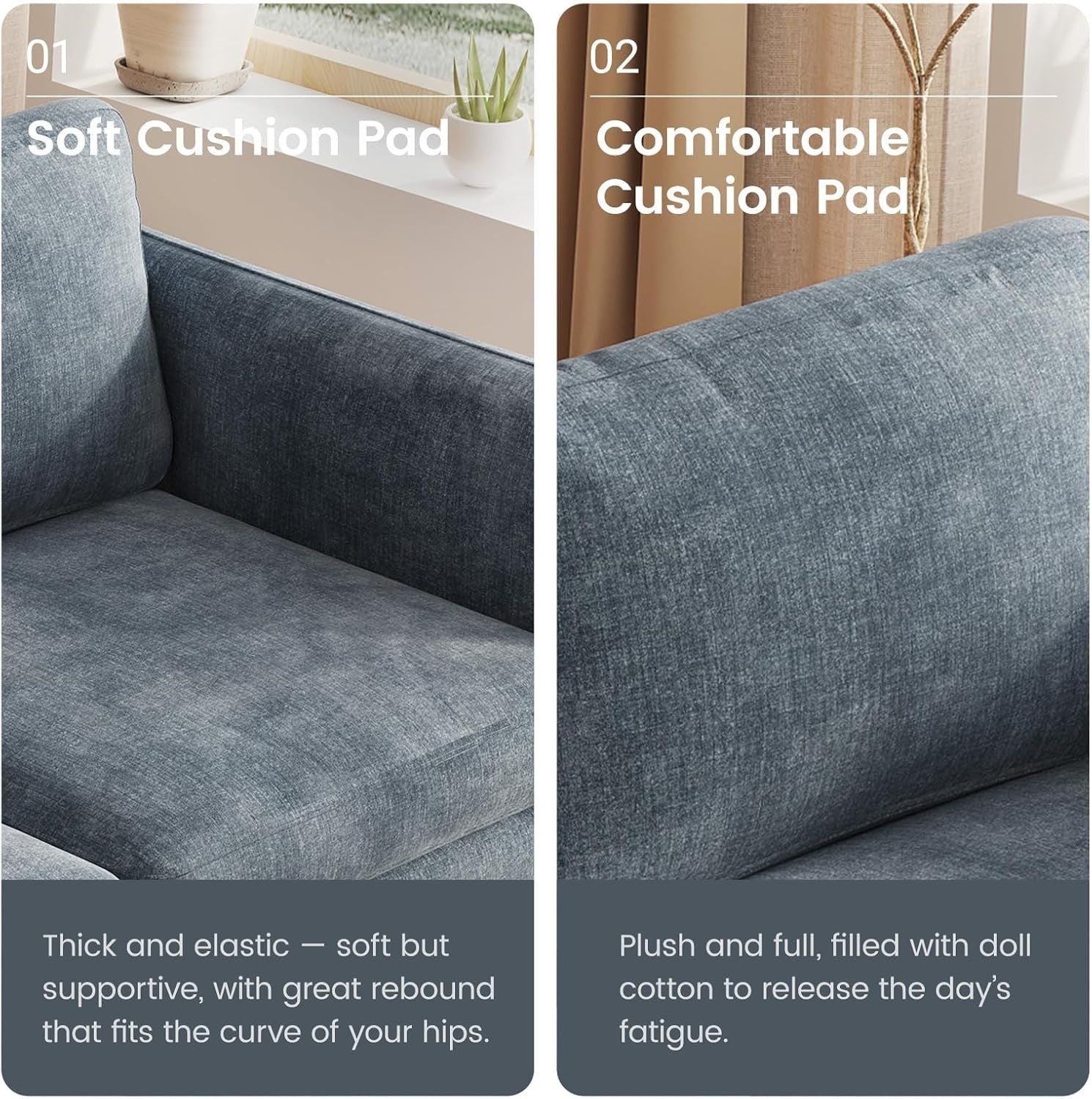 Modern 4 Seater Sofa Blue-Grey Deep Cushions 305CM Ergonomic Couch