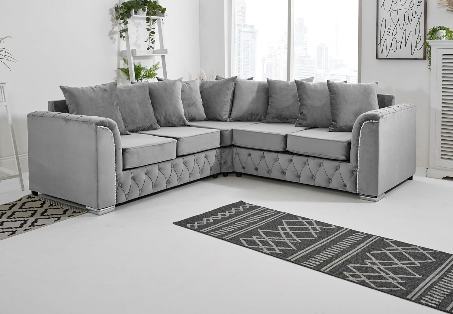 Silver Plush Velvet 5-Seater Corner Sofa – Scatterback & Button Detail