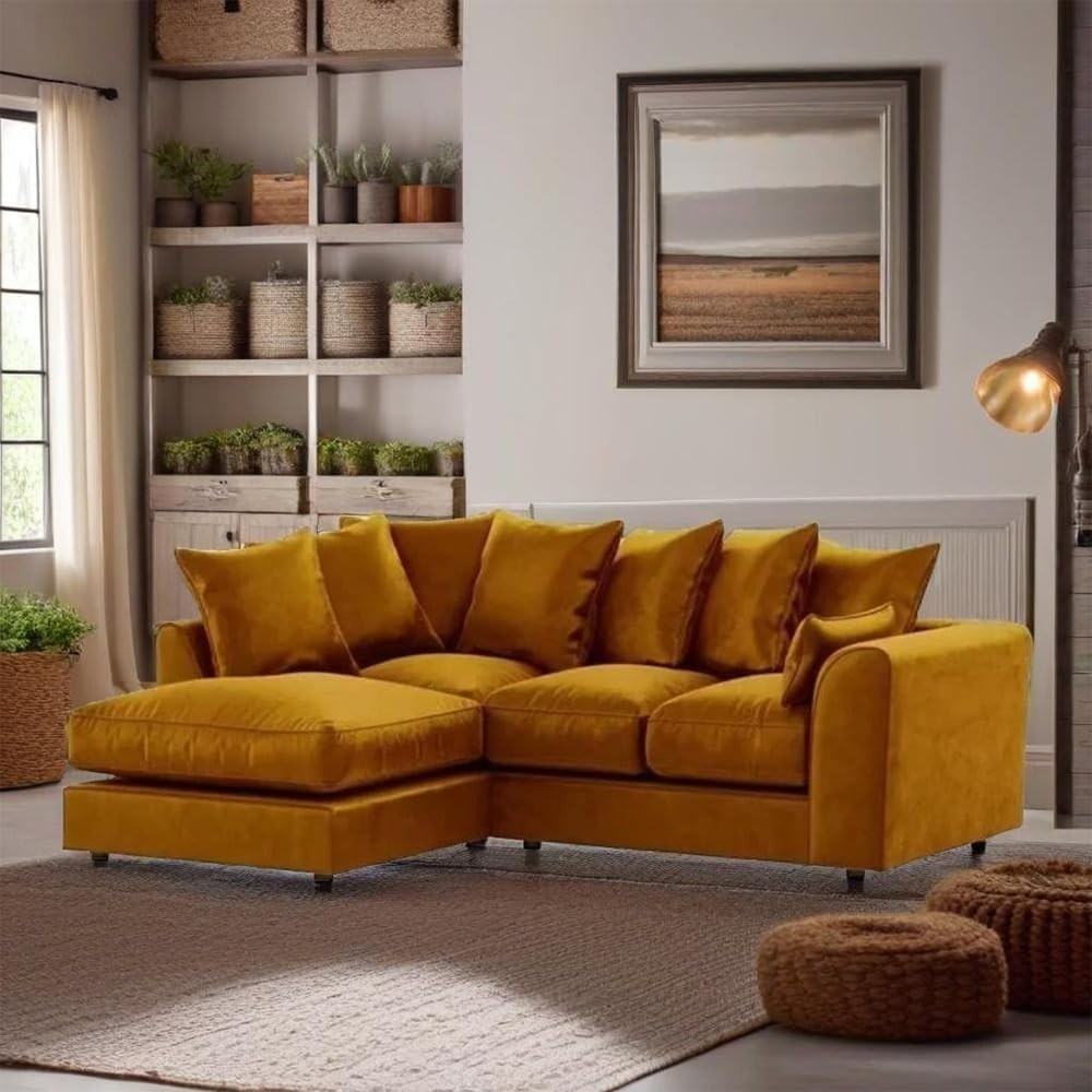 Plush Velvet L Shape Corner Sofa Set 3+2 Seater Mustard Couch Comfy Modern