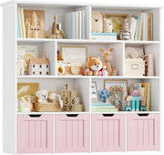 Kids Toy Storage Cabinet with Shelves 4 Drawers Nursery Playroom Organizer Pink