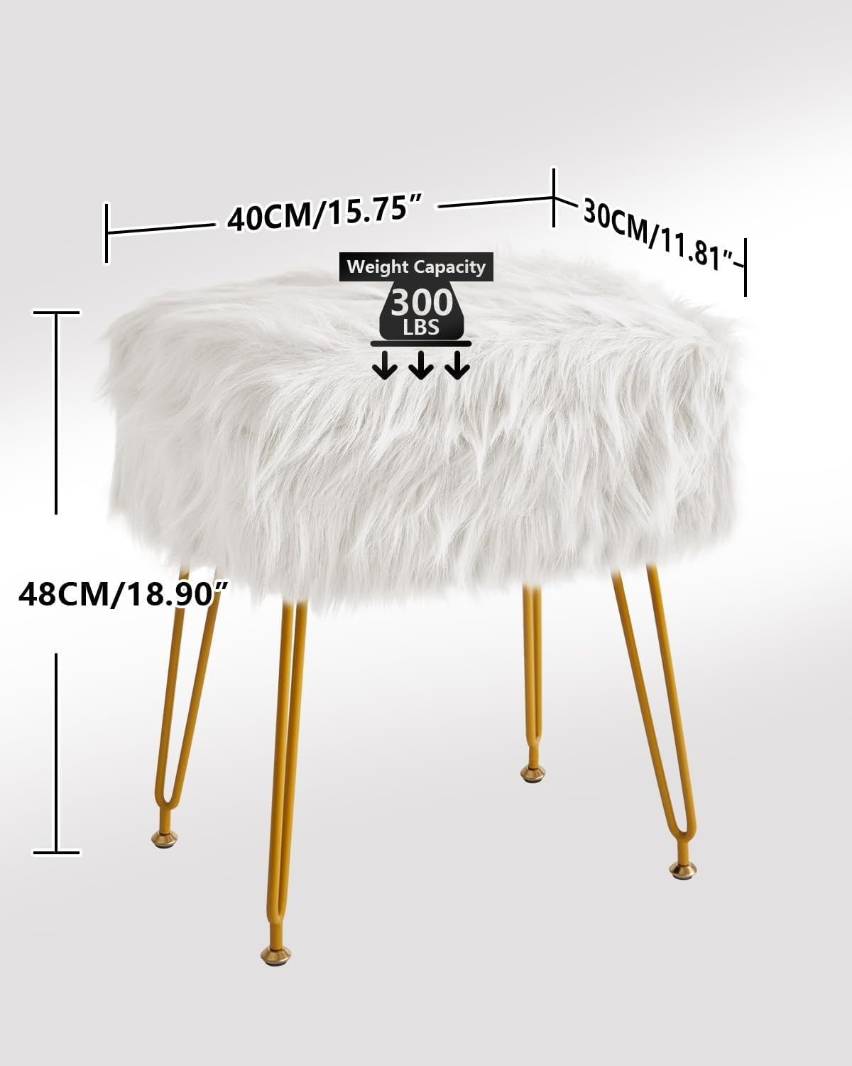 White Rectangular Faux Fur Vanity Stool with Storage & Gold Metal Legs