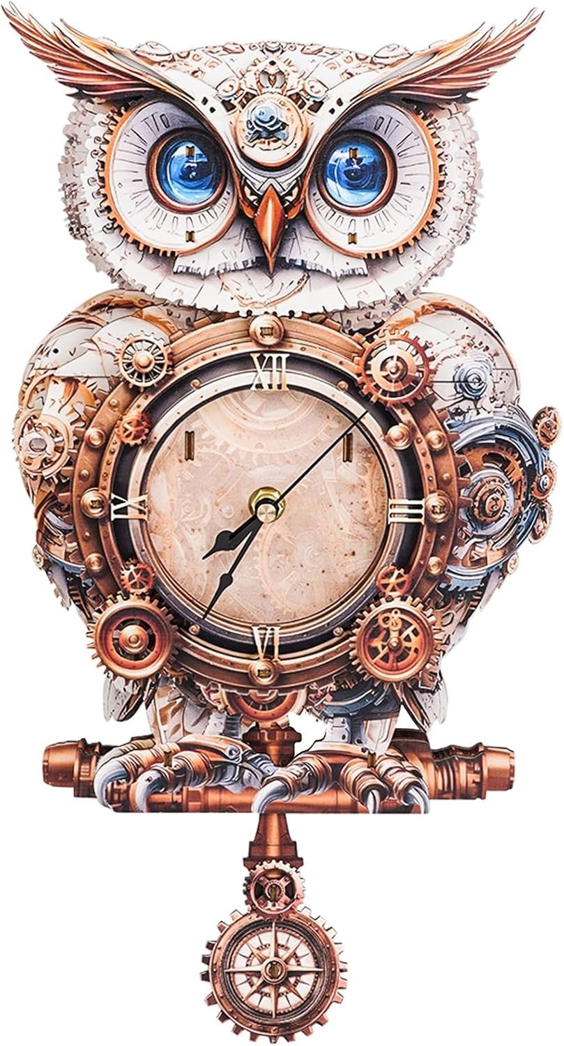 3D Mechanical Owl Wooden Puzzle Clock DIY Kit with Pendulum 215x66x401mm