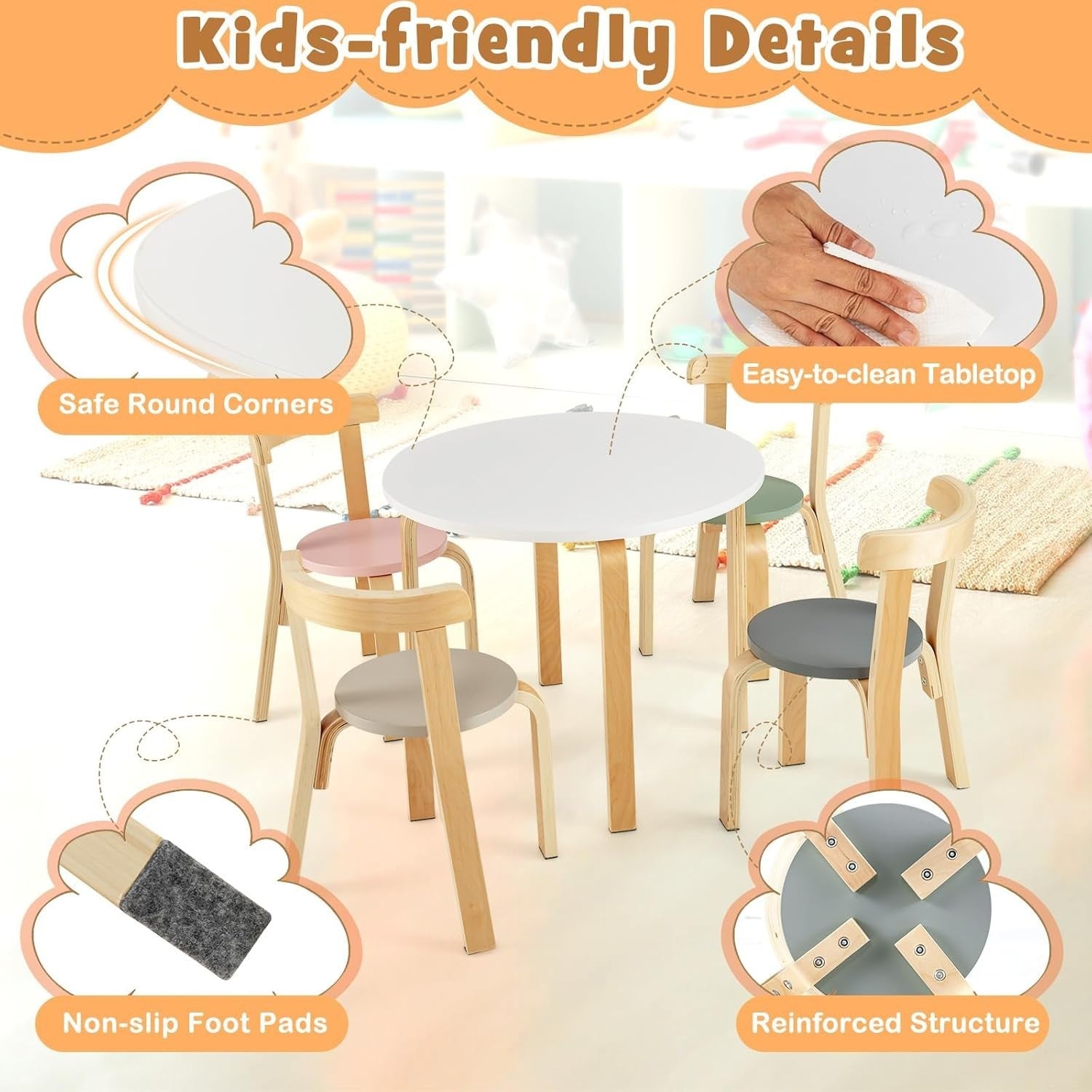Kids Wooden Round Table & 4 Chairs Set Multicolor Ergonomic Playroom Desk