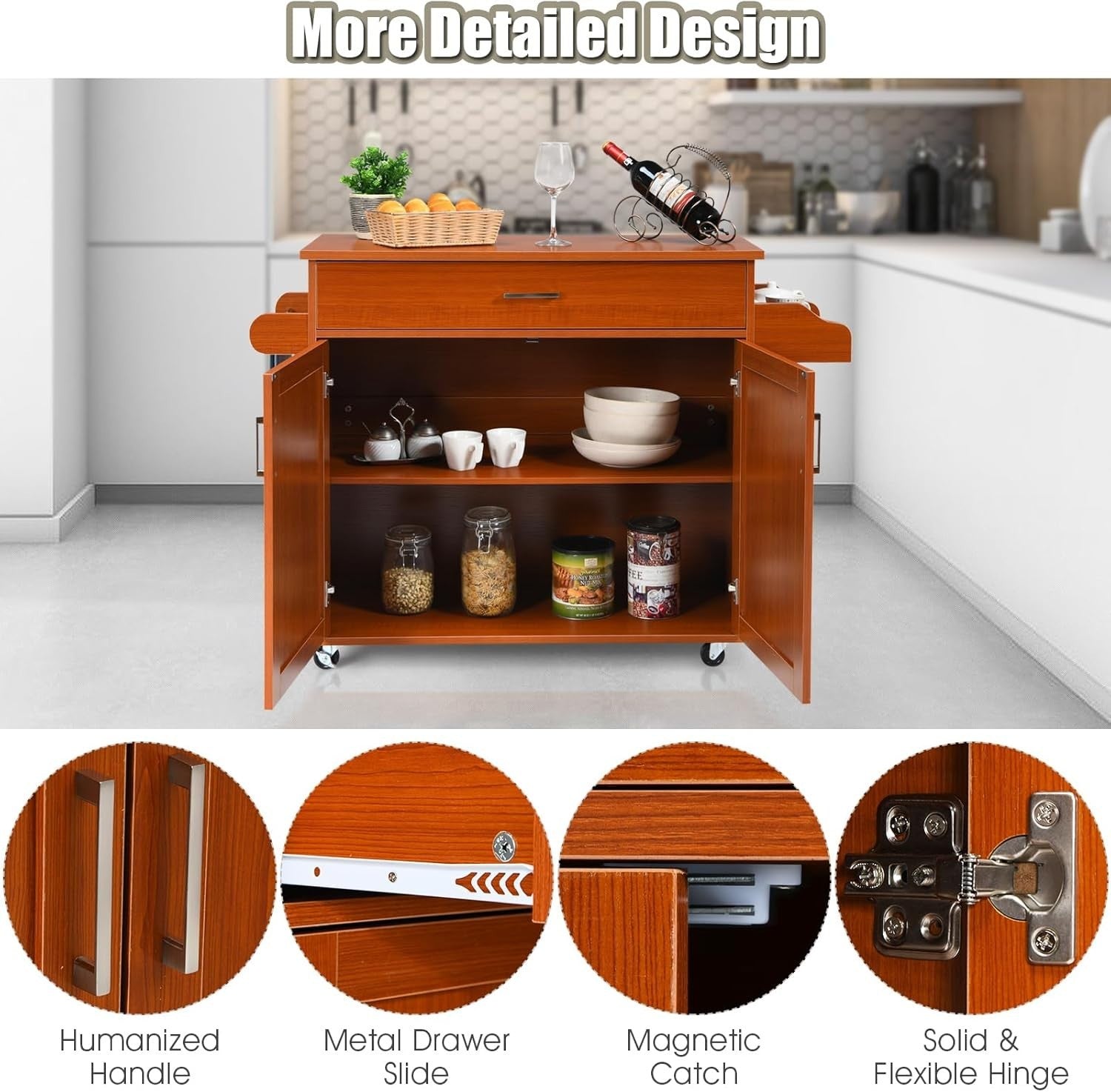 Large Kitchen Island Trolley Drawer Cabinet 116cm Brown