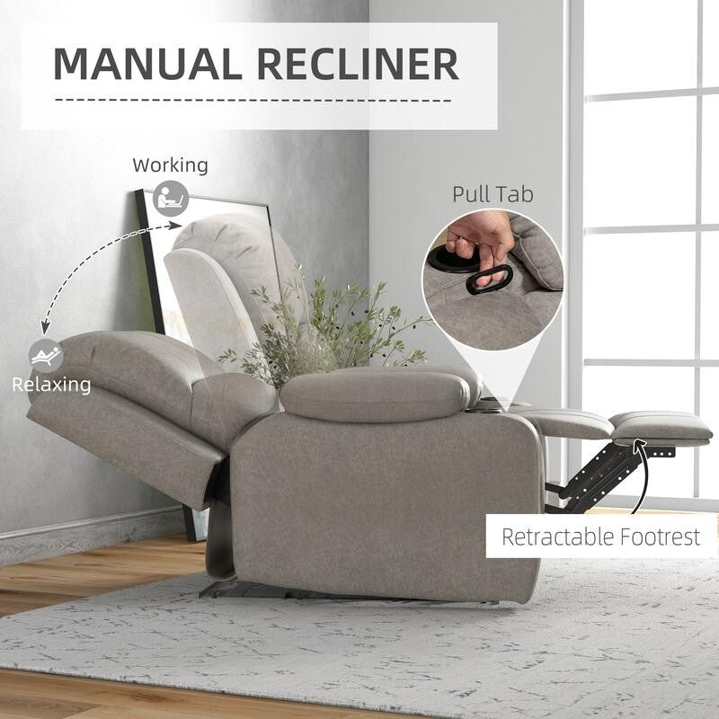 Microfibre Recliner Armchair w/ Cup Holders – Manual Chair w/ Leg Rest Brown
