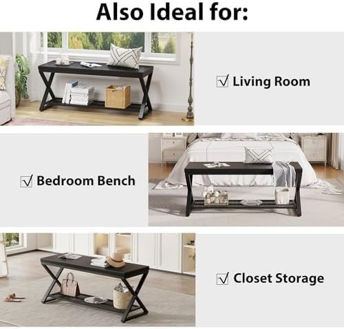 Black Oak Industrial Entryway Storage Bench Metal Frame Shoe Rack Seat 100x36x46