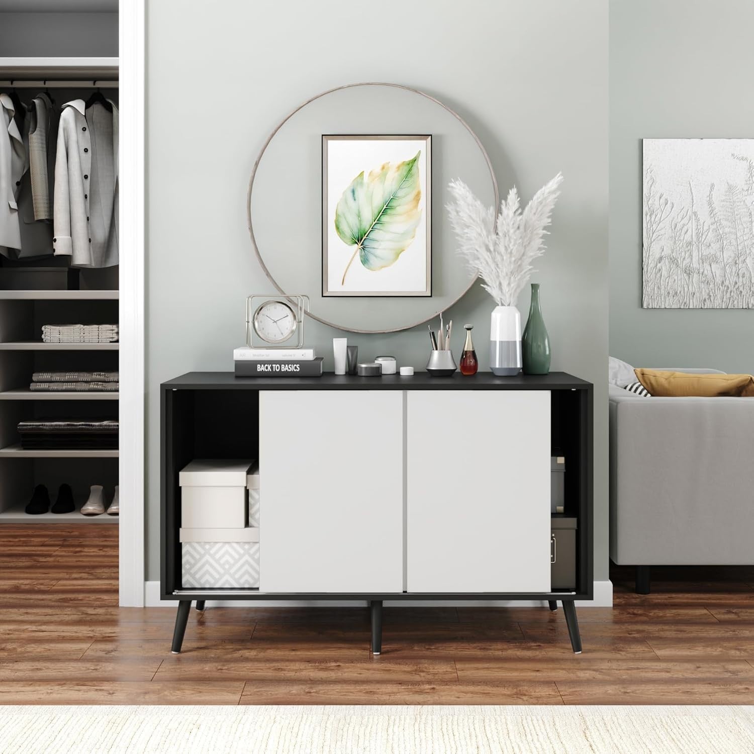 3 White Door Sliding Sideboard Cabinet Wooden Black Leg Modern Storage Organizer