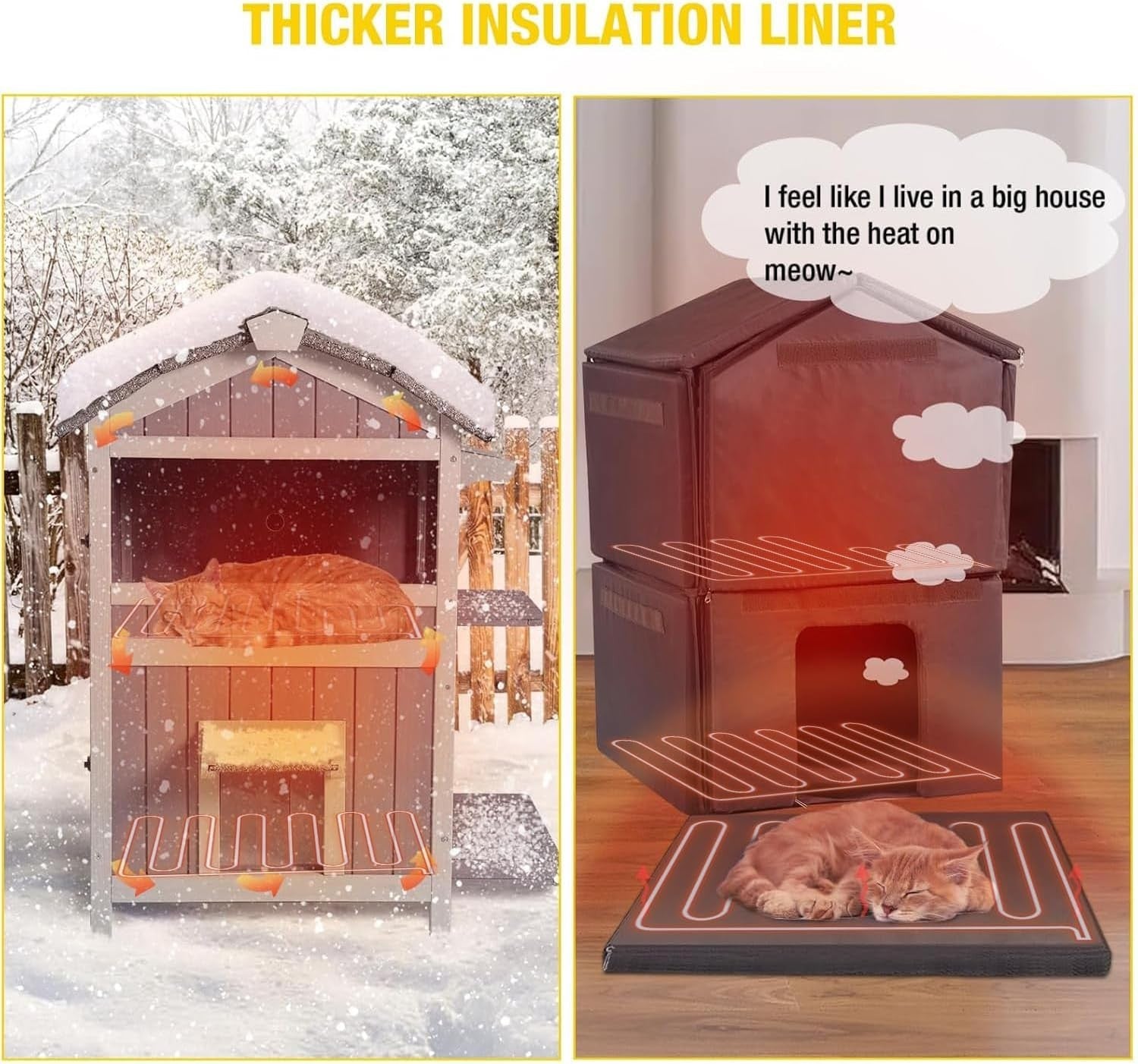 Heated 2-Level Wooden Pet House Outdoor Indoor Insulated Warm Cozy 75x75x85cm