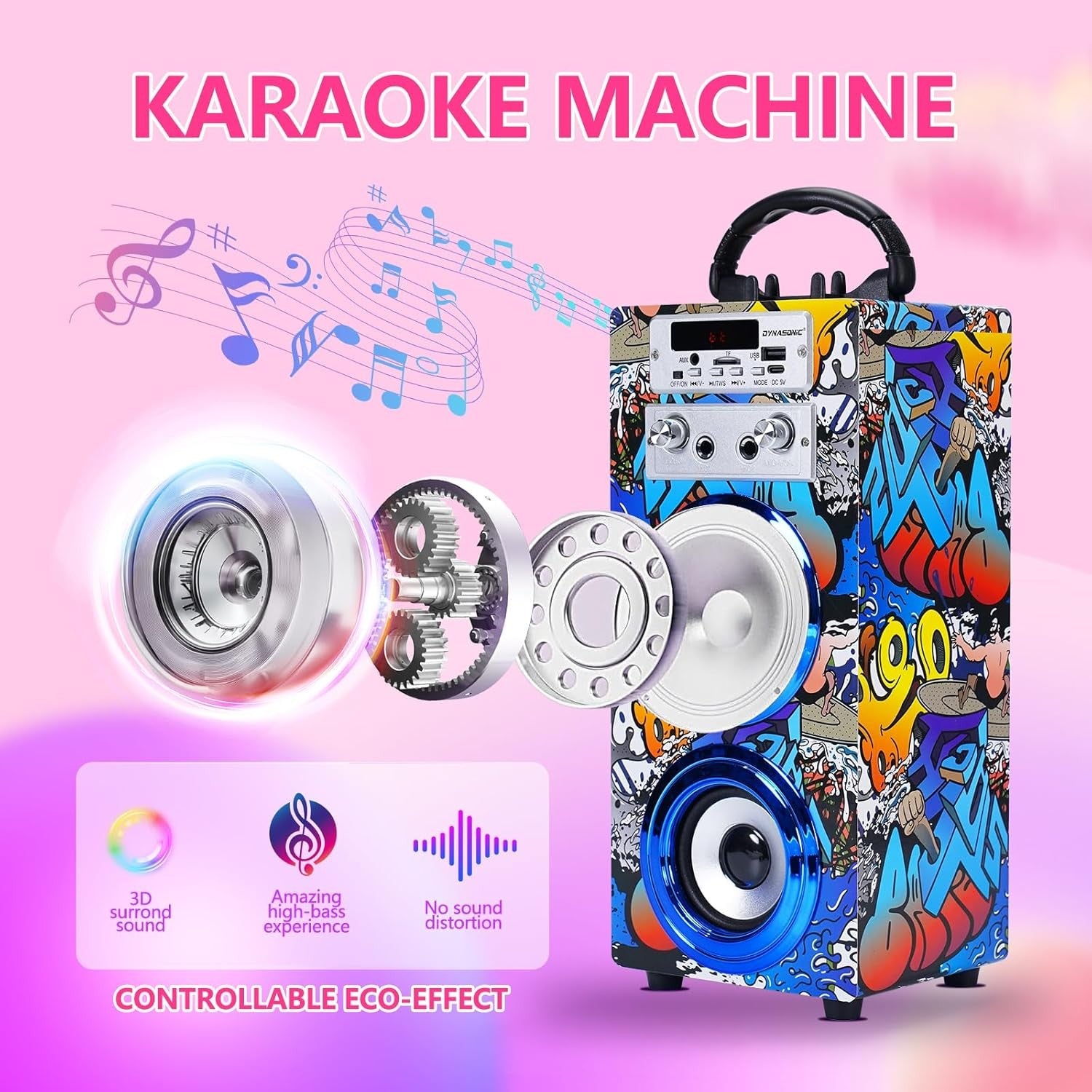 Portable Karaoke Bluetooth 2 Mics LED Lights Kids Teens Fun