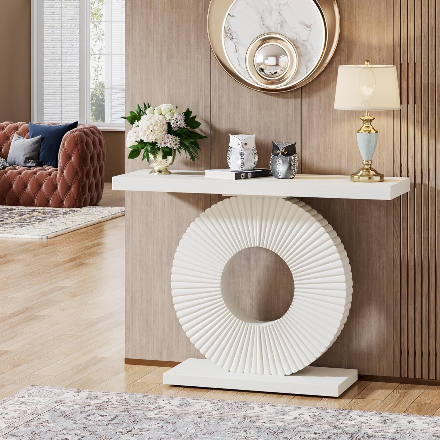 Modern White Hallway Console Table with Flower Base | Slim Entryway Design