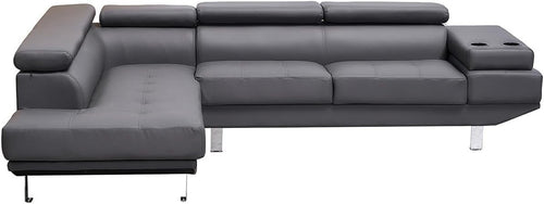 Grey Bonded Leather Corner Sofa LH | Adjustable Headrests + Cup Holders