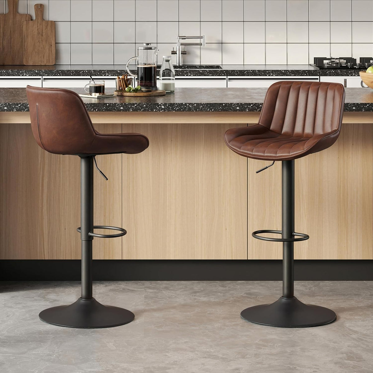 Cognac Brown Bar Stools Set of 2 | Memory Foam Seat, Adjustable Swivel