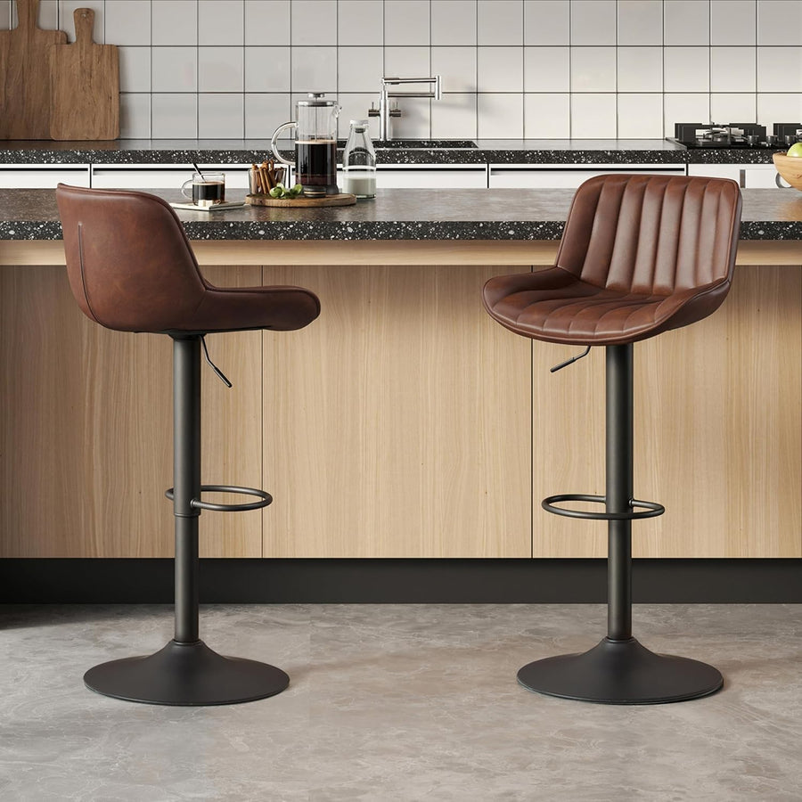 Cognac Brown Bar Stools Set of 2 | Memory Foam Seat, Adjustable Swivel