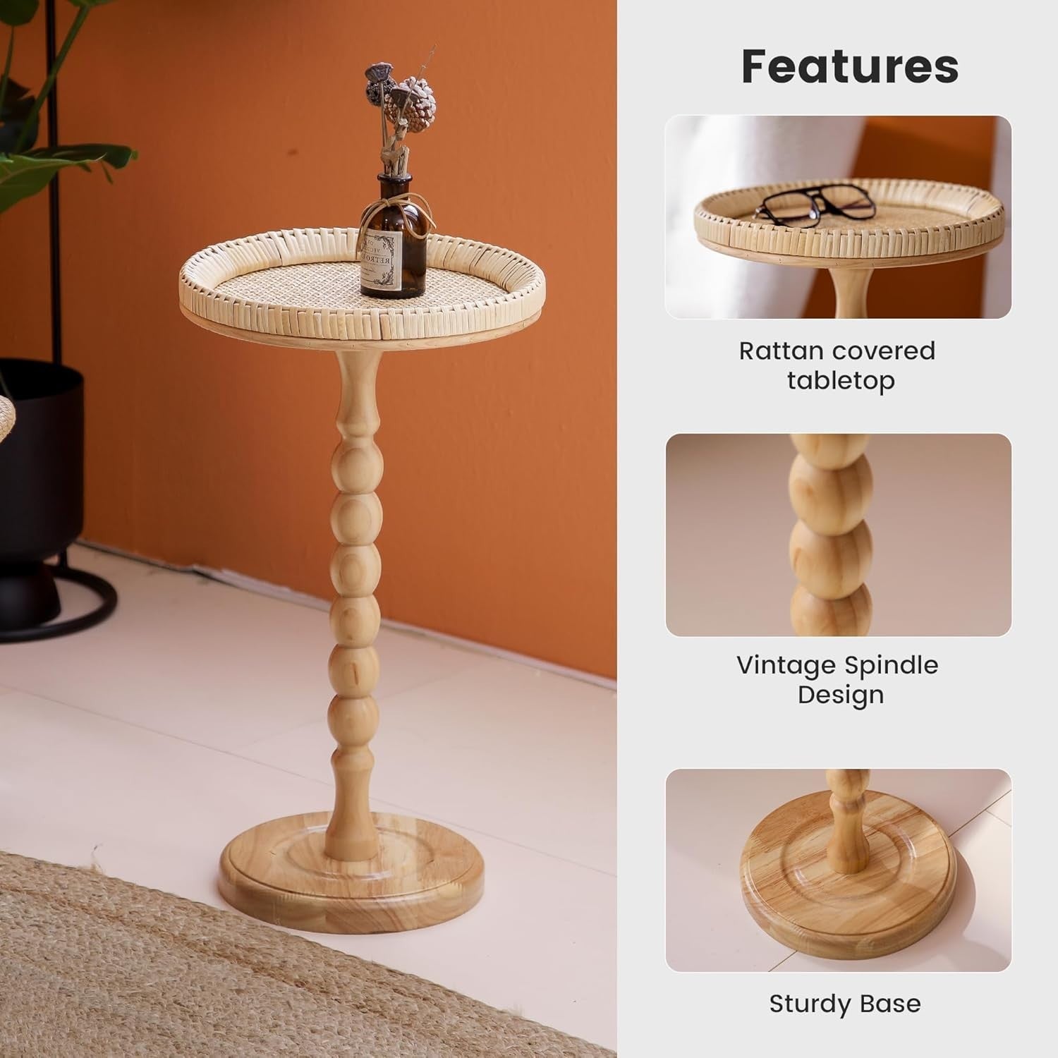 Boho Round Side Table 30.5x30.5x50.8 cm | Rattan End Table for Living Room