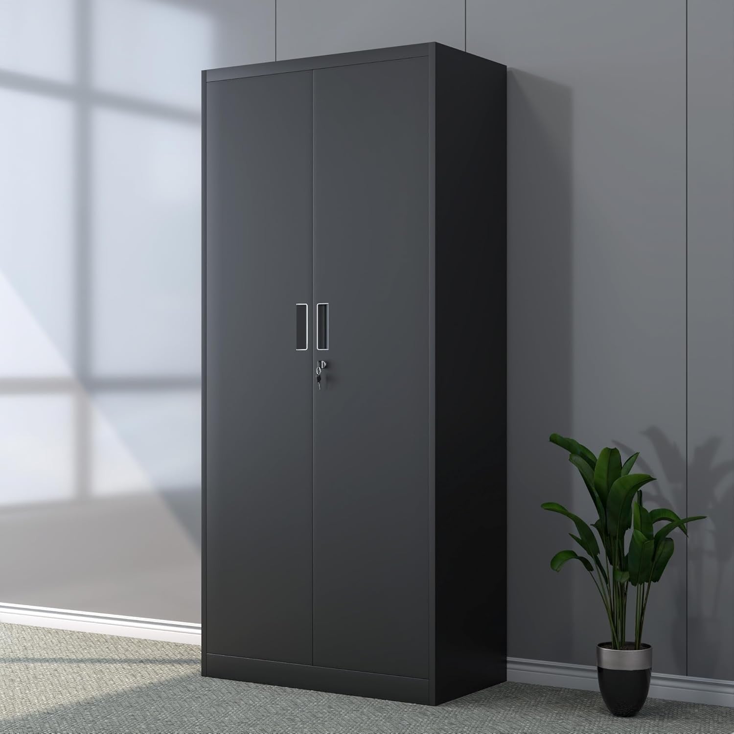 Tall Black Metal Storage Cabinet with Lockable Doors & 4 Adjustable Shelves
