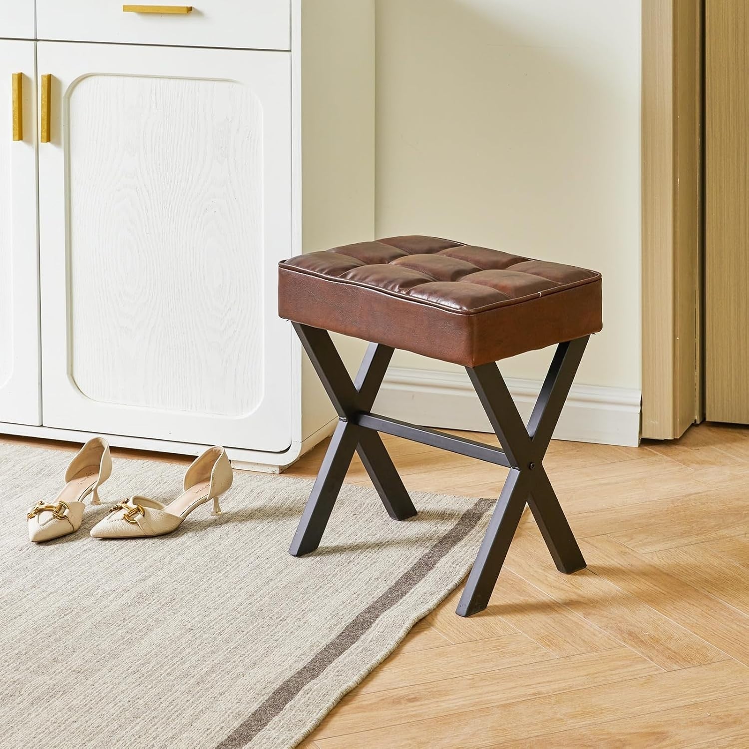 Square PU Makeup Stool with X-Leg Design – Compact Vanity Footrest (Dark Brown)