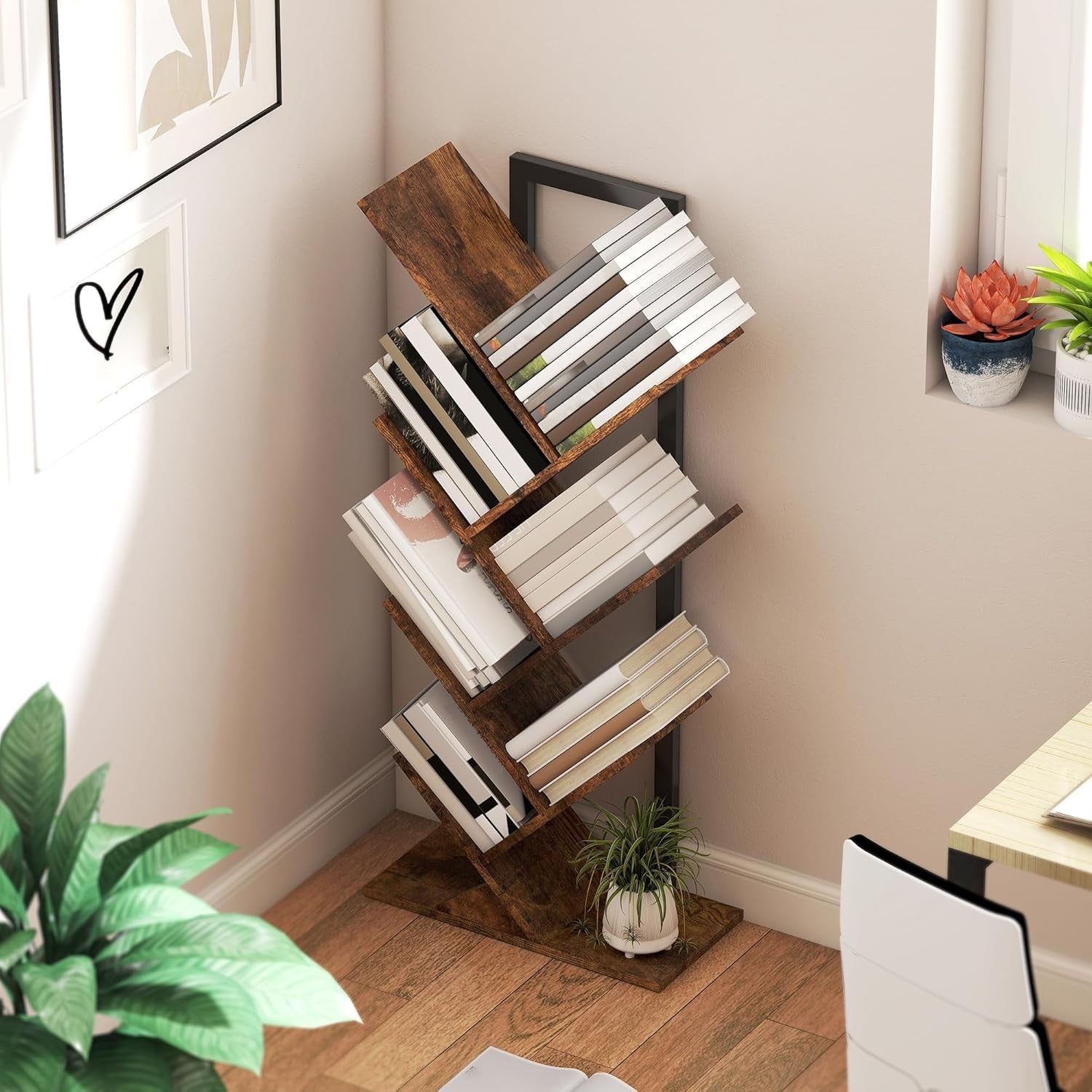 7-Tier Tree Bookshelf Rustic Brown Industrial Bookcase Vertical Space-Saving She