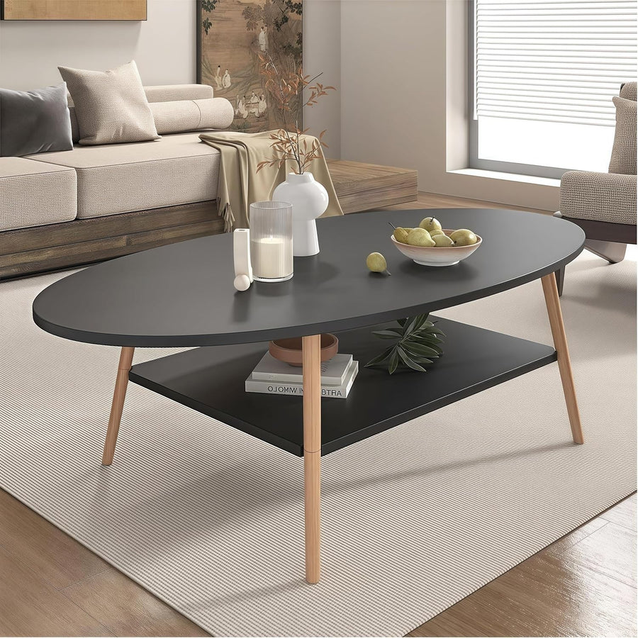 Black 2-Tier Oval Coffee Table 120x60x42cm Modern Storage Wood Frame