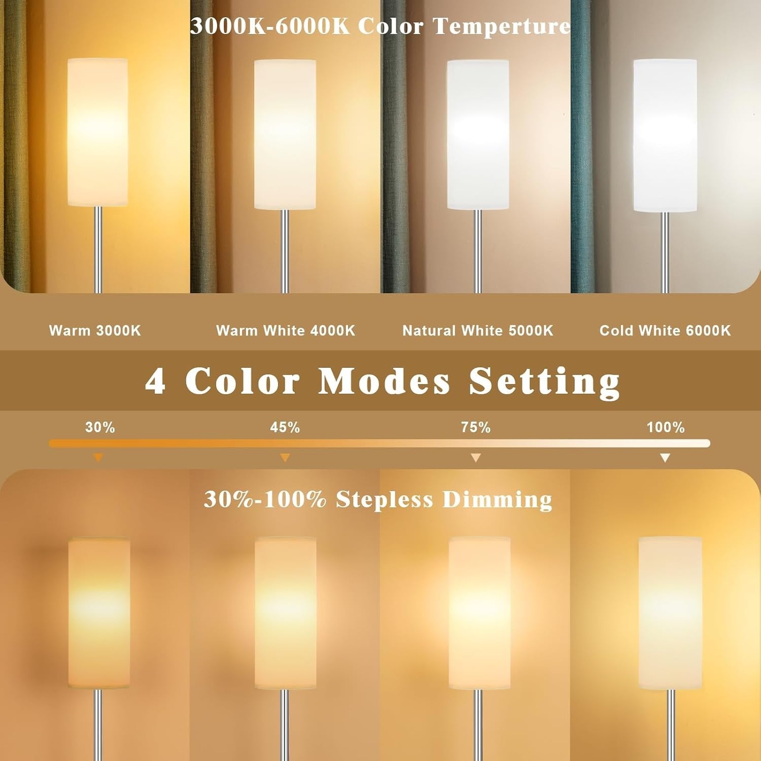Modern Floor Lamp 64 Inch Standing Light White Shade Silver Pole Living Room