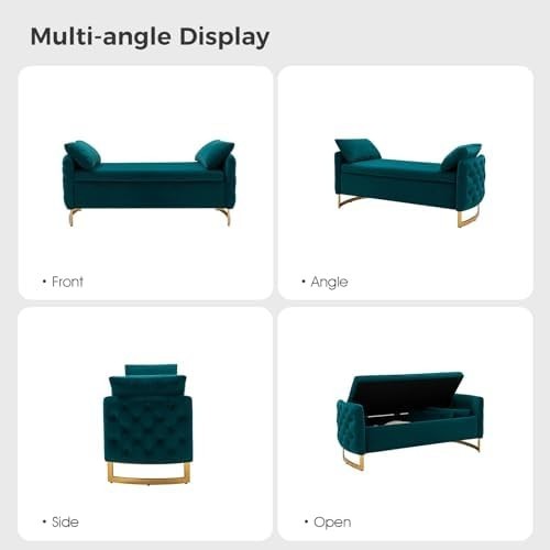 Large Teal Storage Ottoman Bench w/ Pillows Modern Upholstered Metal Legs