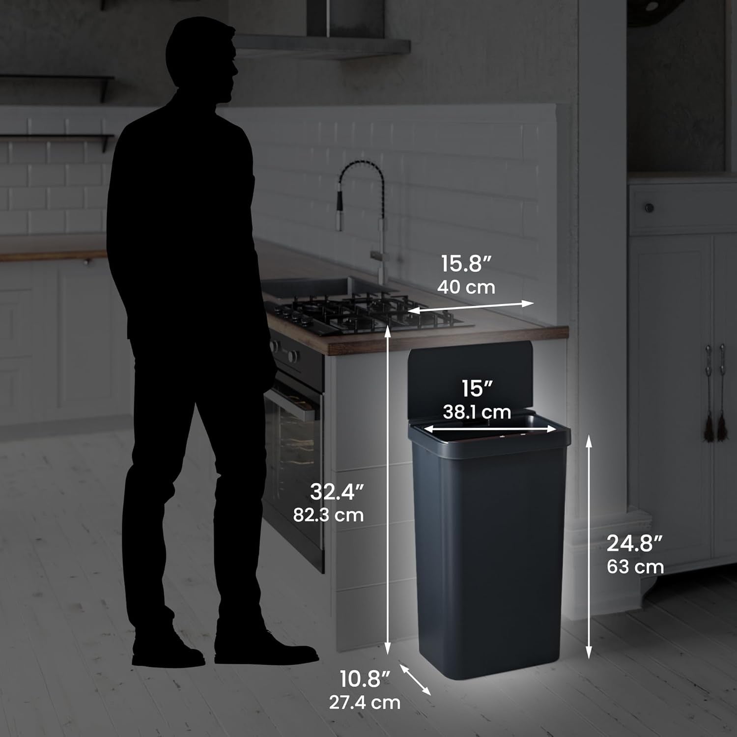 13 Gallon Touchless Sensor Kitchen Trash Can Slim Auto Black