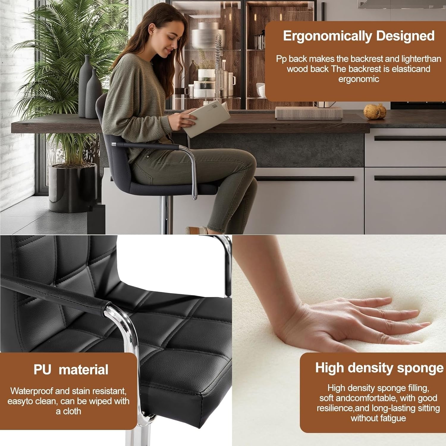 Black PU Leather Bar Stool Adjustable Height 360° Swivel with Armrest