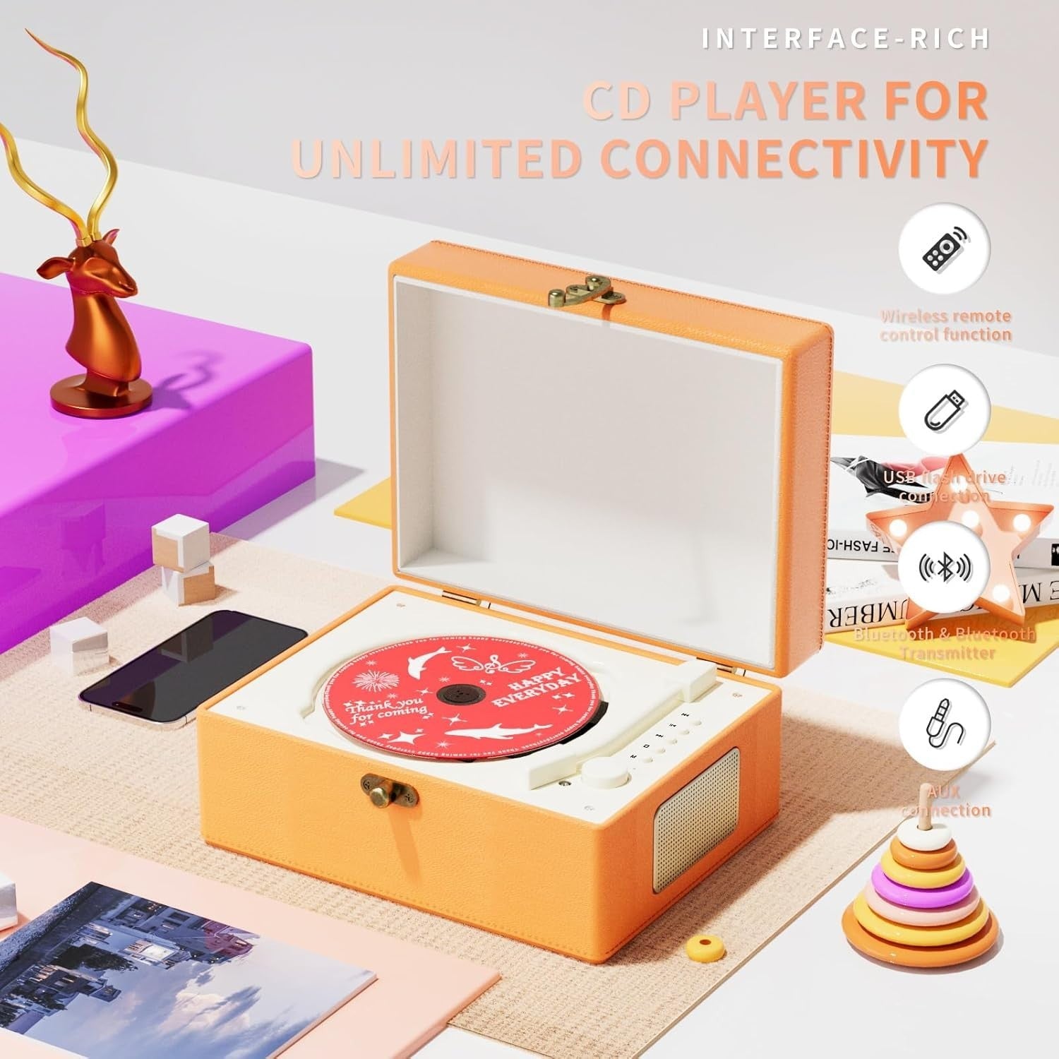 Portable Bluetooth CD Player with Speakers Rechargeable Music Box