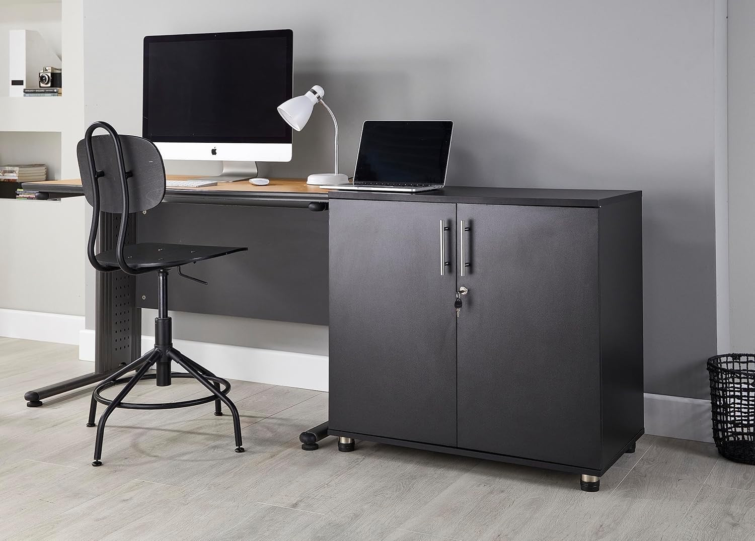 Black Storage Cabinet with Lock Doors 2 Tier Cupboard Adjustable Shelves