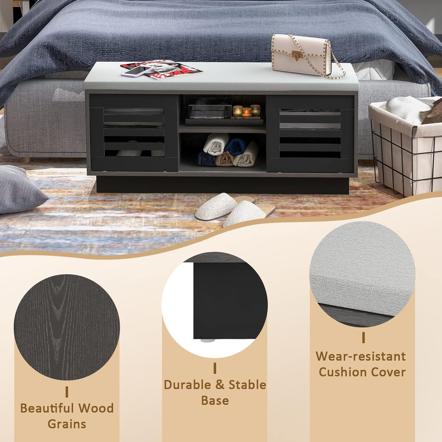 2-Tier Shoe Storage Bench Grey + Dark Grey, 6 Compartments & Sliding Doors