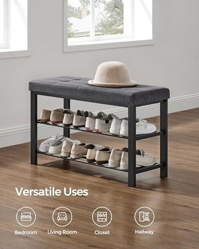 3 Tier Shoe Rack Bench 81cm Padded Seat Metal Frame Grey Black Entryway Storage