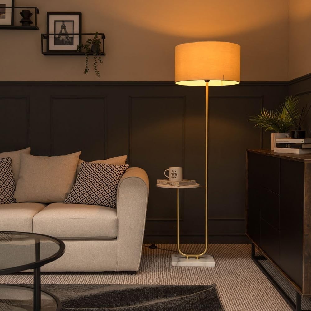 Modern Gold Floor Lamp with Shelf & Beige Shade, 6W Bulb Included, 152cm