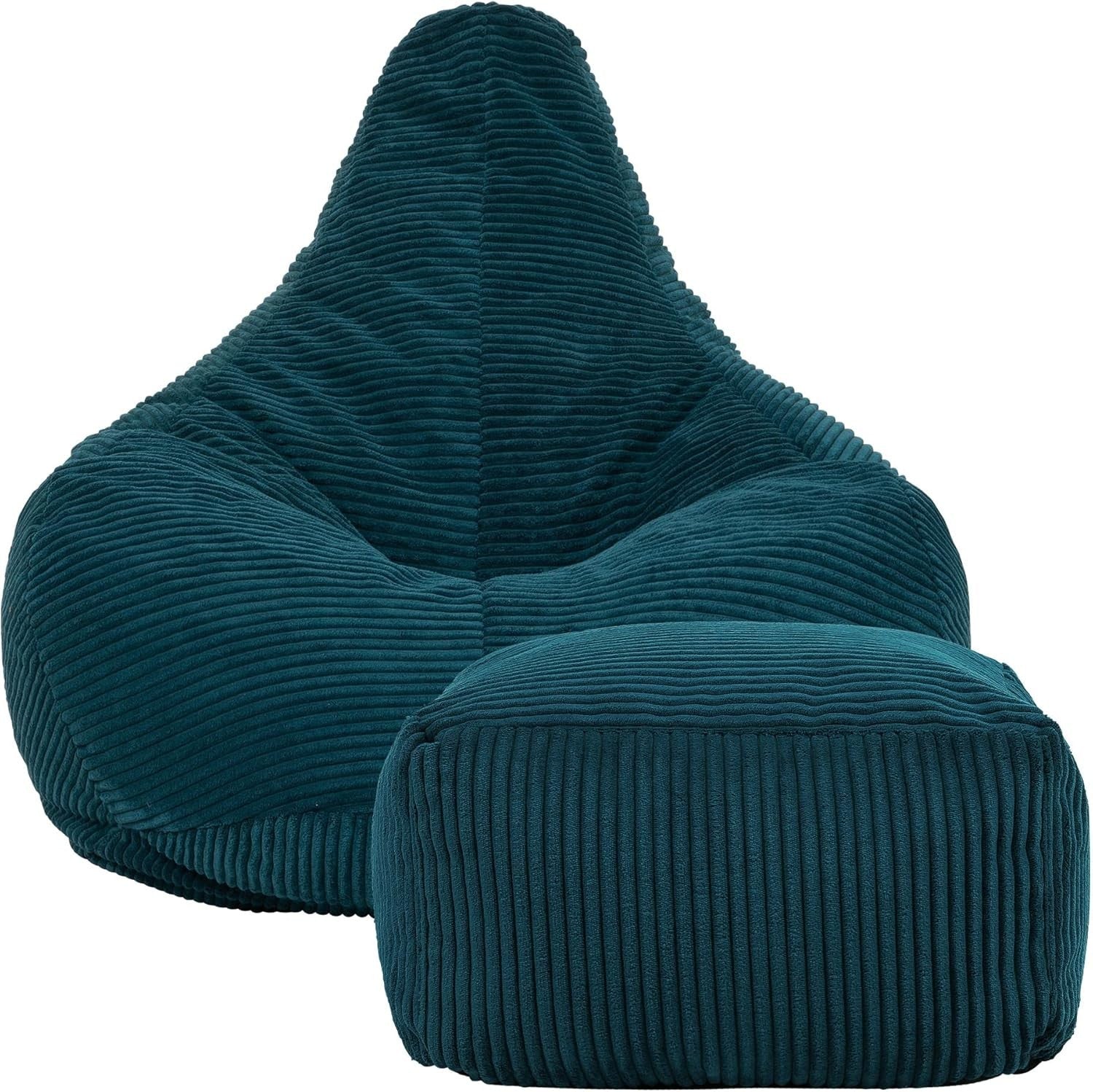 Large Teal Corduroy Bean Bag Chair w/ Footstool Adult Recliner Seat