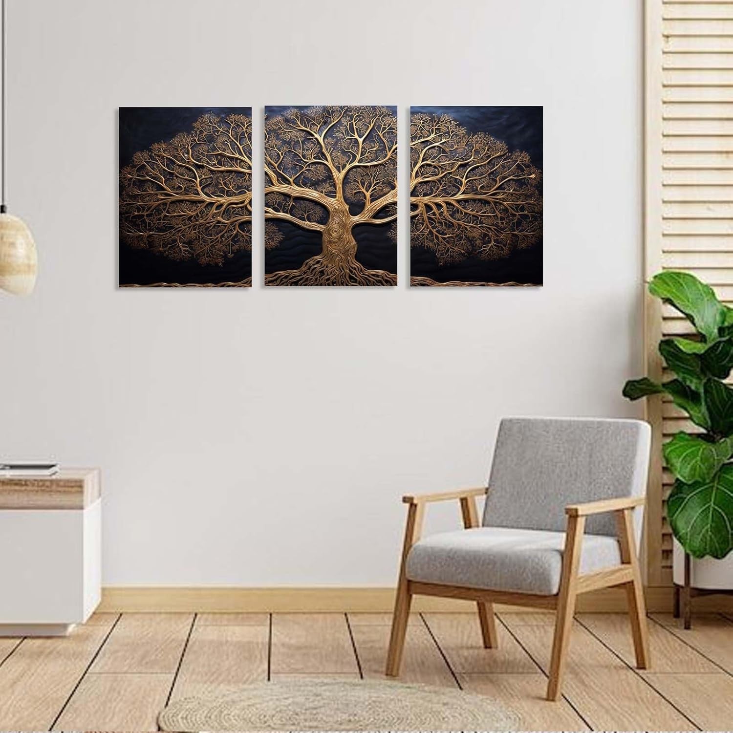 Set of 3 Golden Tree Canvas Wall Art 12x16 Framed Modern Luxury Decor